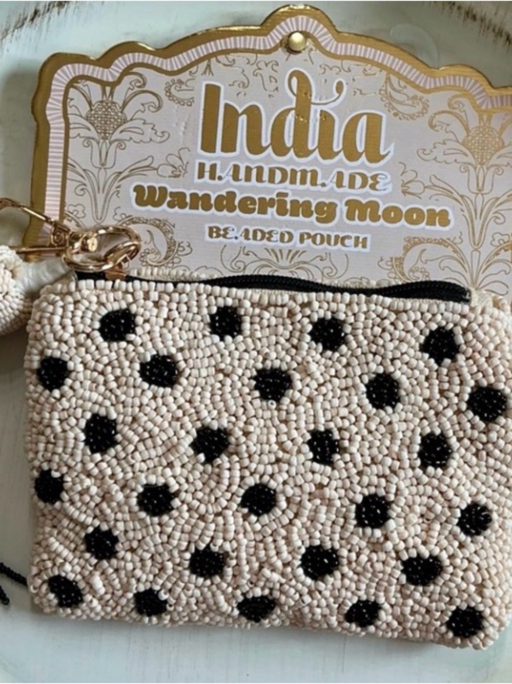 India Handmade Cream and Black Beaded Coin Pouch NWT